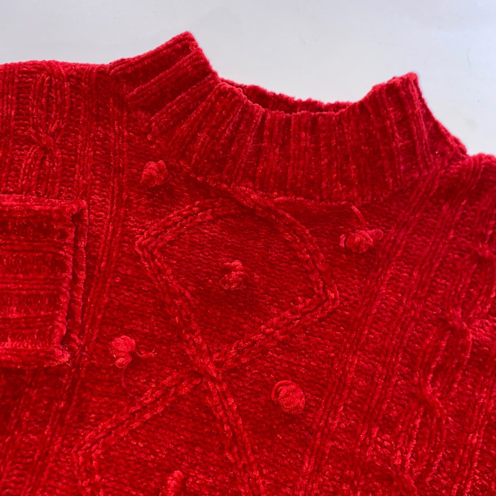 Passi Classics Red Chenille Cable Knit Pom Pom Mock Neck Sweater XL Tunic